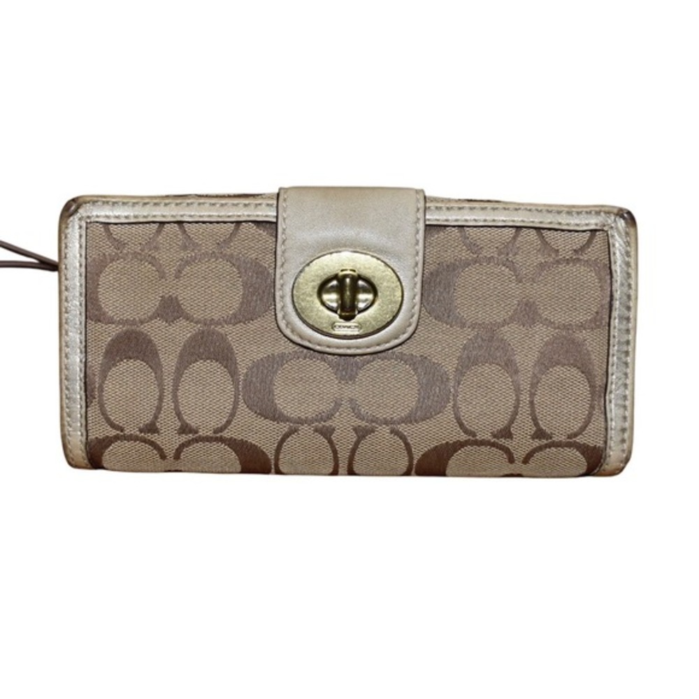 Coach Signature Brown Beige Canvas Leather Turnlock Accordion Wallet